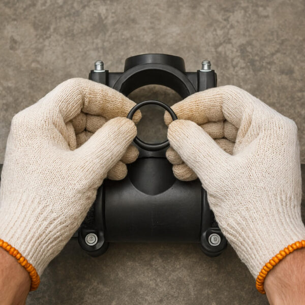 مرحله قرار دادن اورینگ آب بندی روی کمربند پلی اتیلن