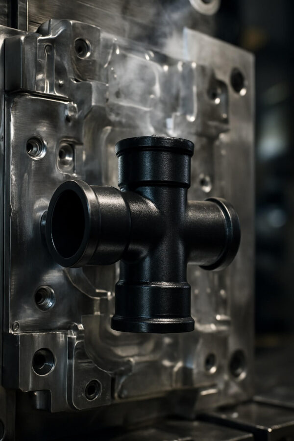 نمای ماکرو از قطعه سه‌راهی پلی‌اتیلن تازه قالب‌گیری‌شده درون قالب فولادی تزریق پلاستیک با بخار و جزئیات دقیق سطح