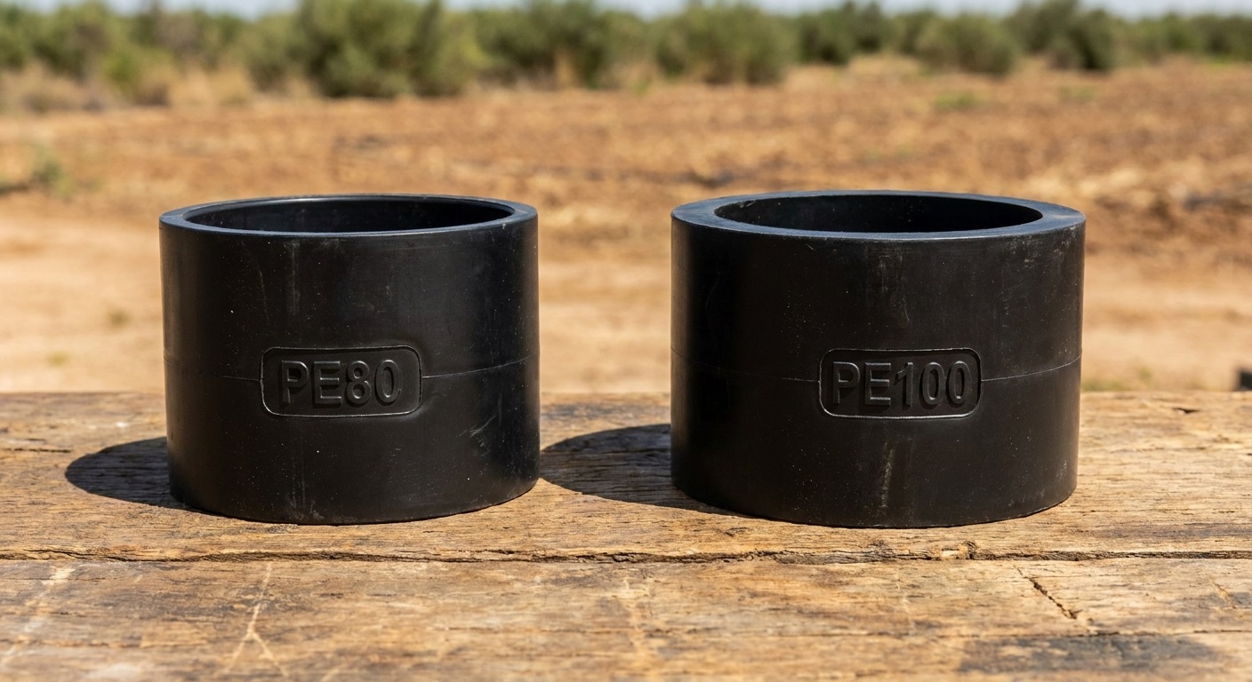 مقایسه اتصالات پلیاتیلن گرید PE80 و PE100 با نمایش تفاوت ضخامت جداره در محیط کشاورزی